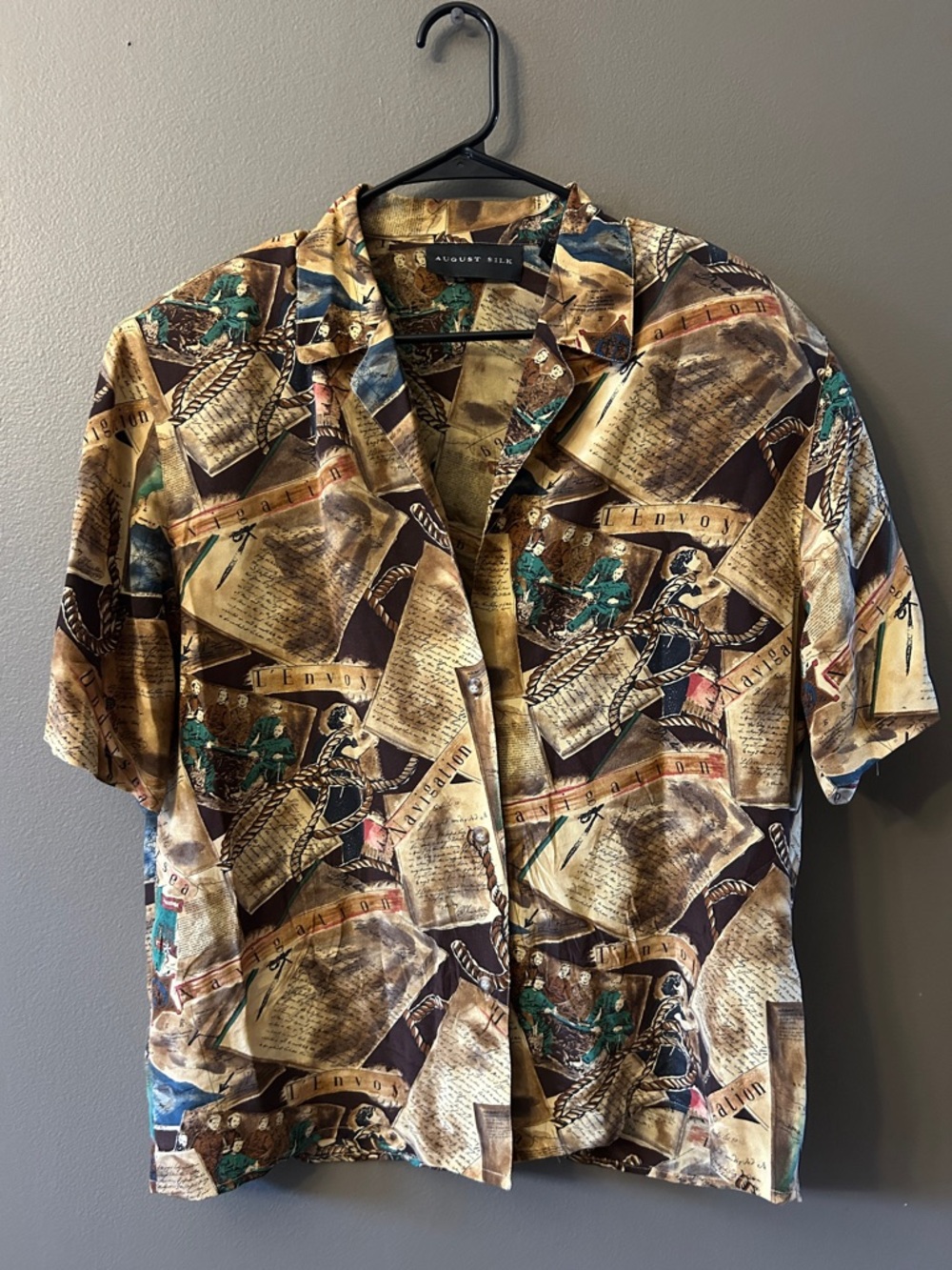 August Silk Vintage Print Blouse M 100% Silk, History-Inspired Collage Pattern